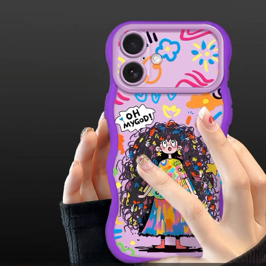 Colorful messy-haired girl + phone case with lanyard