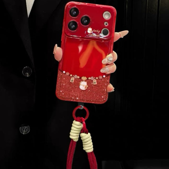Lucky Cat Flip-Mirror Phone Case with Lanyard