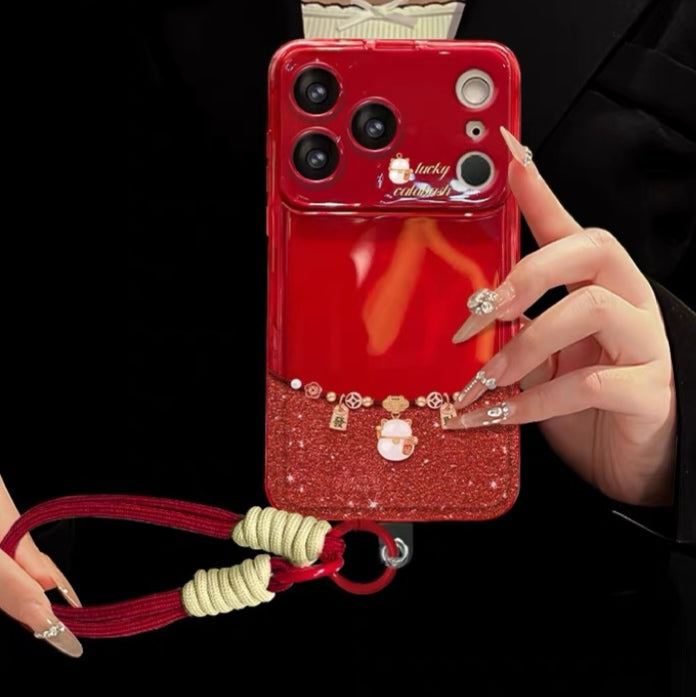 Lucky Cat Flip-Mirror Phone Case with Lanyard