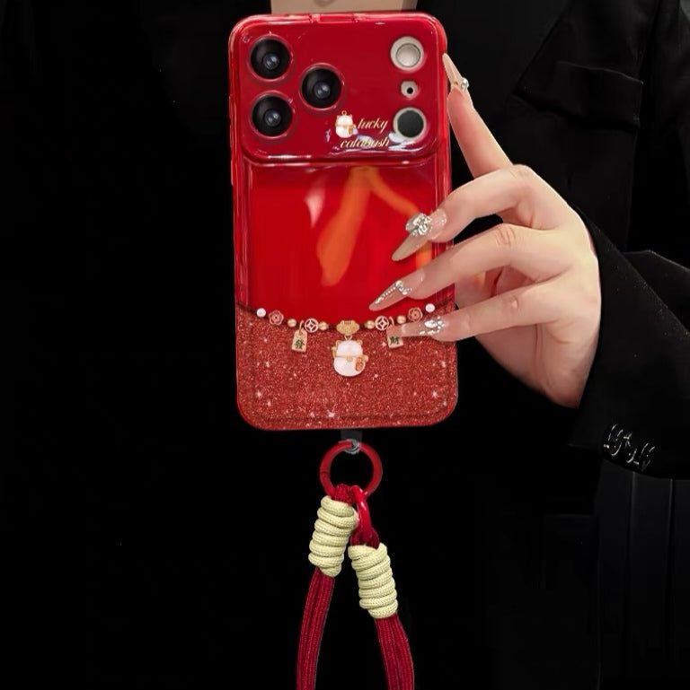 Lucky Cat Flip-Mirror Phone Case with Lanyard