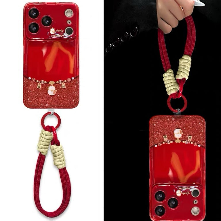 Lucky Cat Flip-Mirror Phone Case with Lanyard