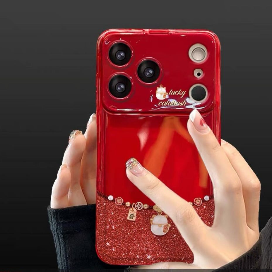 Lucky Cat Flip-Mirror Phone Case with Lanyard