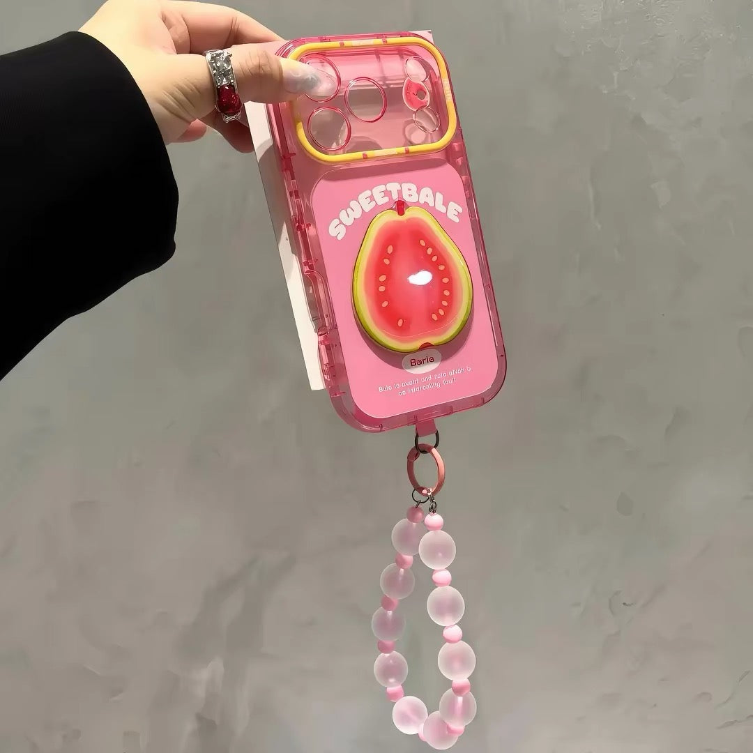 Phone case with 3D fruit charms and a hanging chain