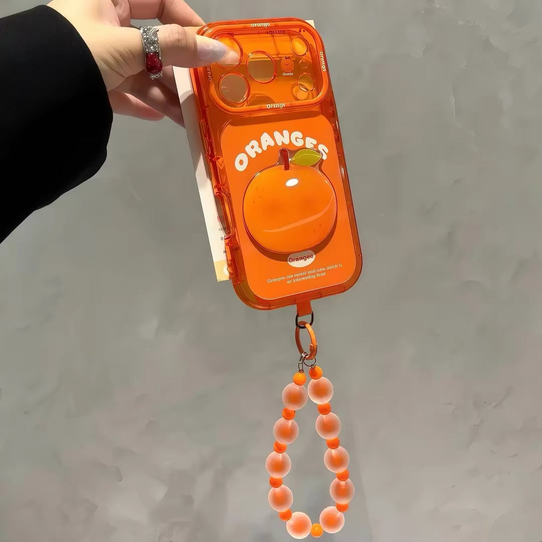 Phone case with 3D fruit charms and a hanging chain