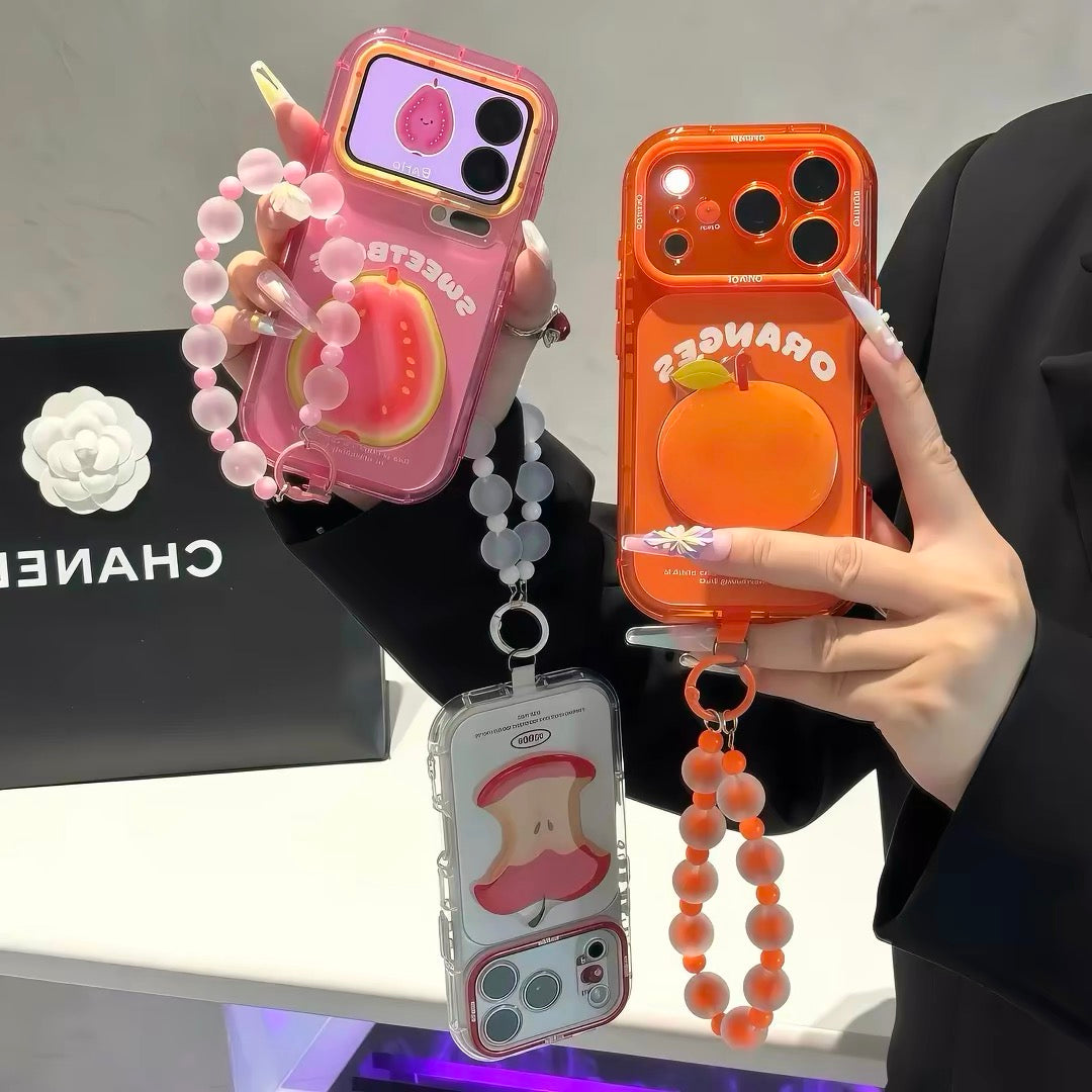 Phone case with 3D fruit charms and a hanging chain