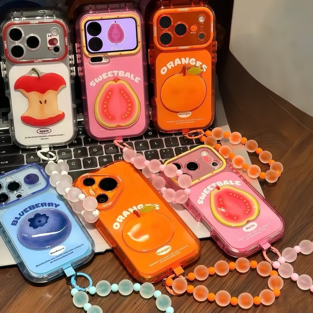 Phone case with 3D fruit charms and a hanging chain