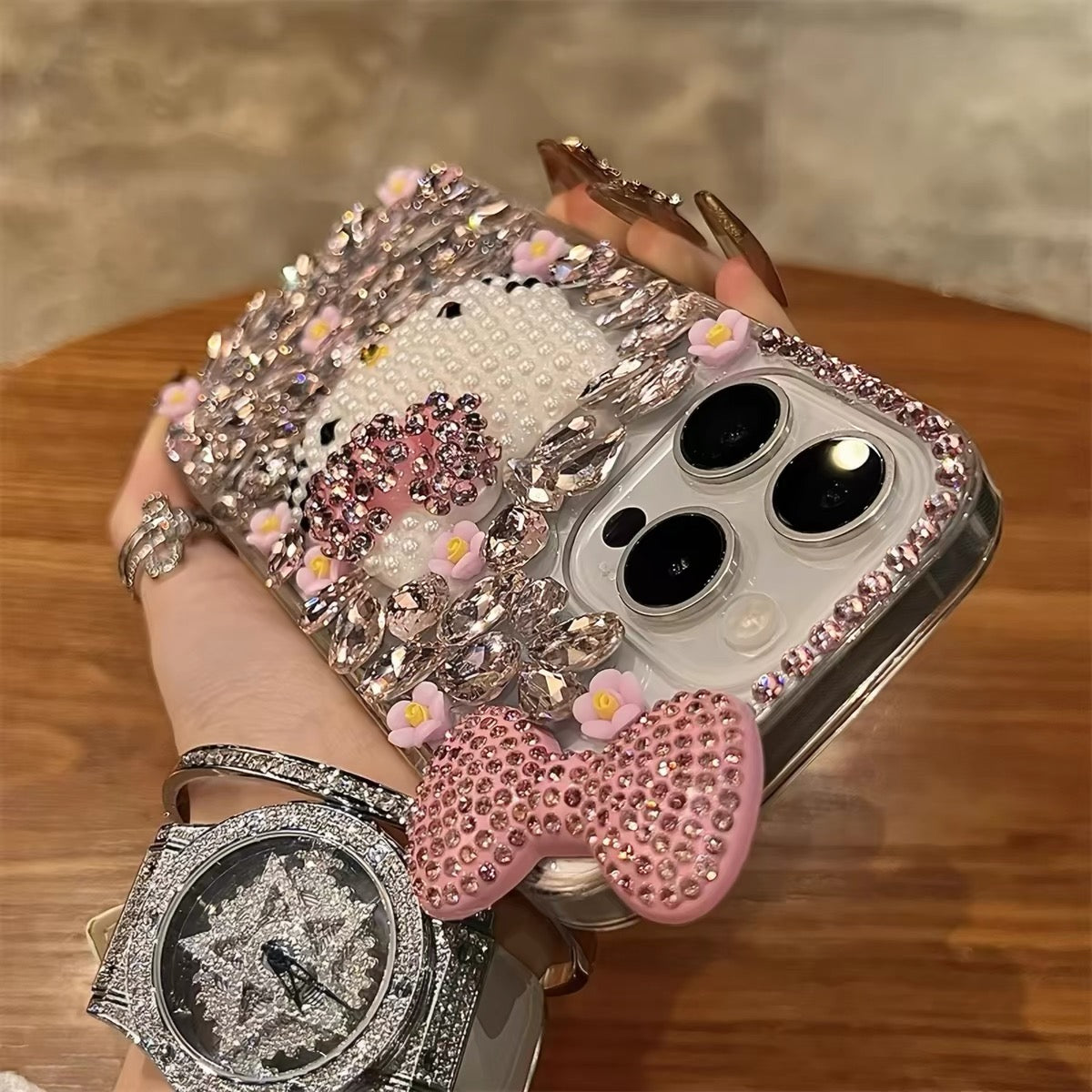 Kitty Cat Bracelet Phone Case with Rhinestone Bow