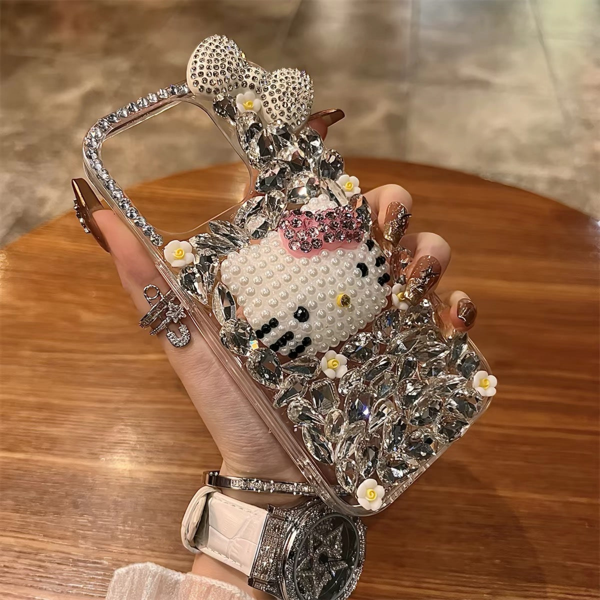 Kitty Cat Bracelet Phone Case with Rhinestone Bow