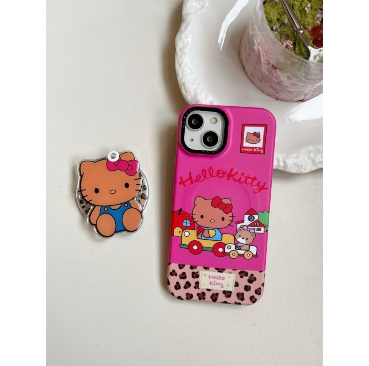 Pink patchwork leopard print black leather HT cat stand phone case