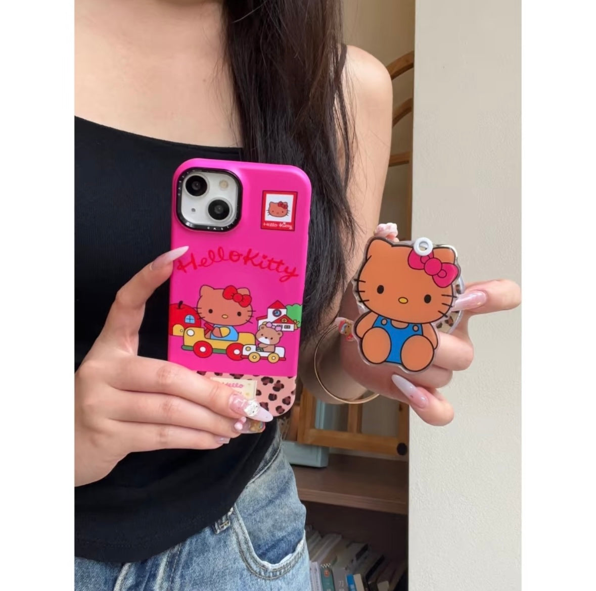 Pink patchwork leopard print black leather HT cat stand phone case