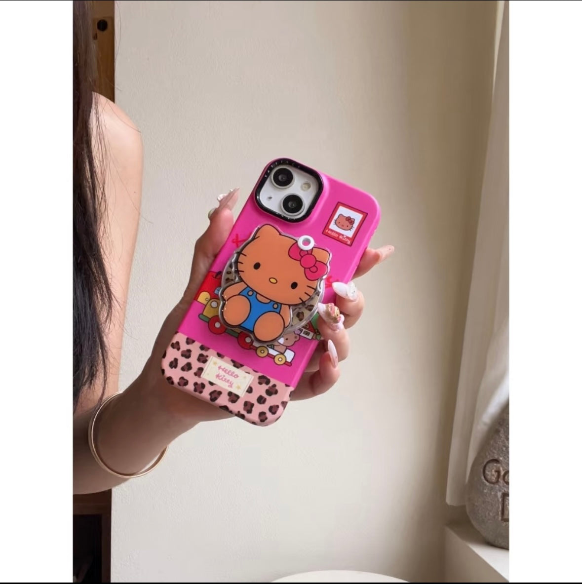 Pink patchwork leopard print black leather HT cat stand phone case