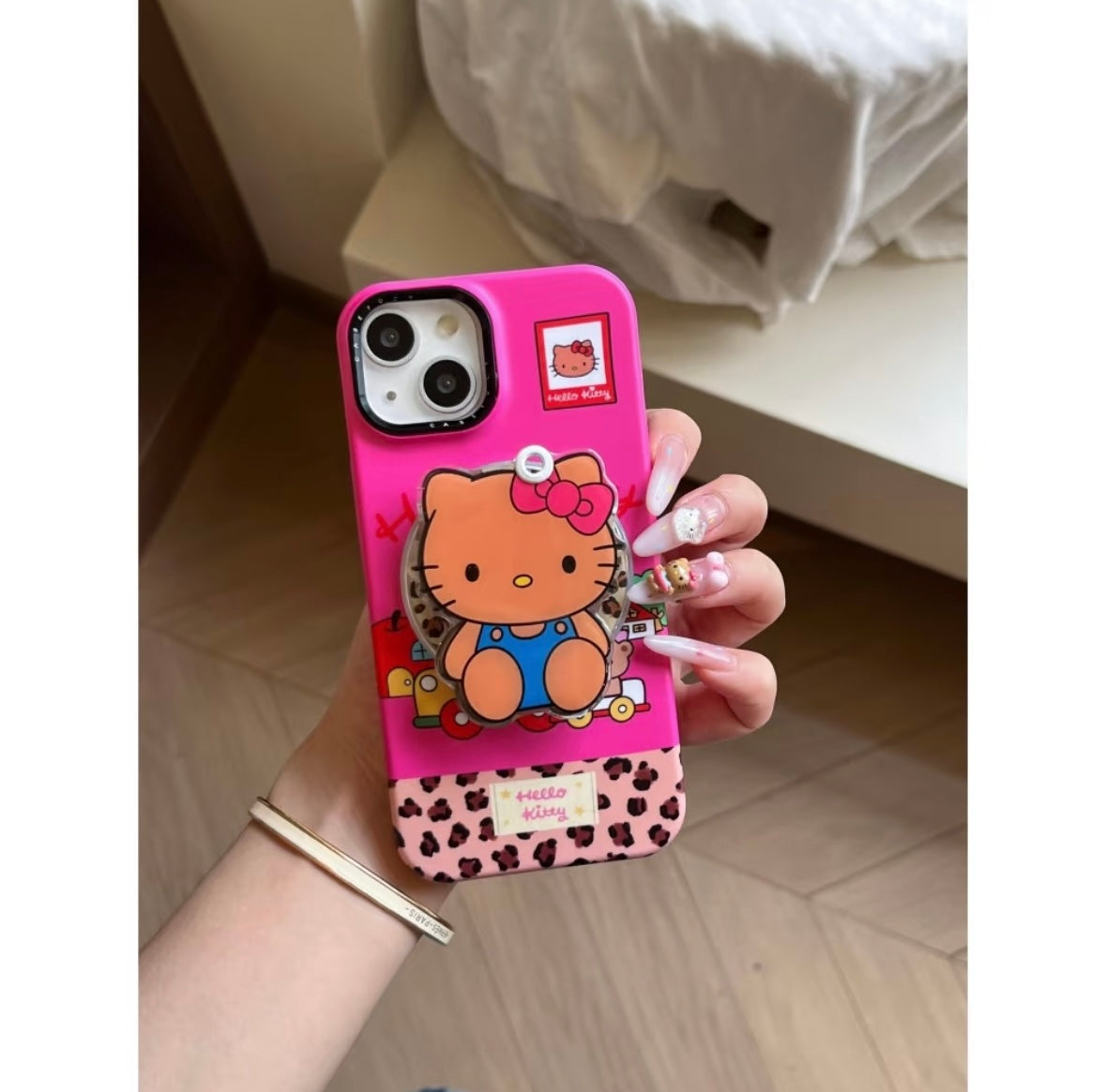 Pink patchwork leopard print black leather HT cat stand phone case