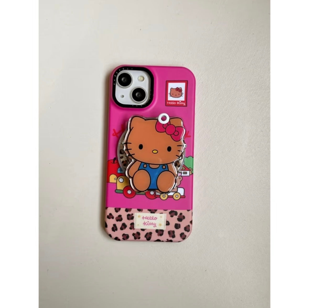 Pink patchwork leopard print black leather HT cat stand phone case