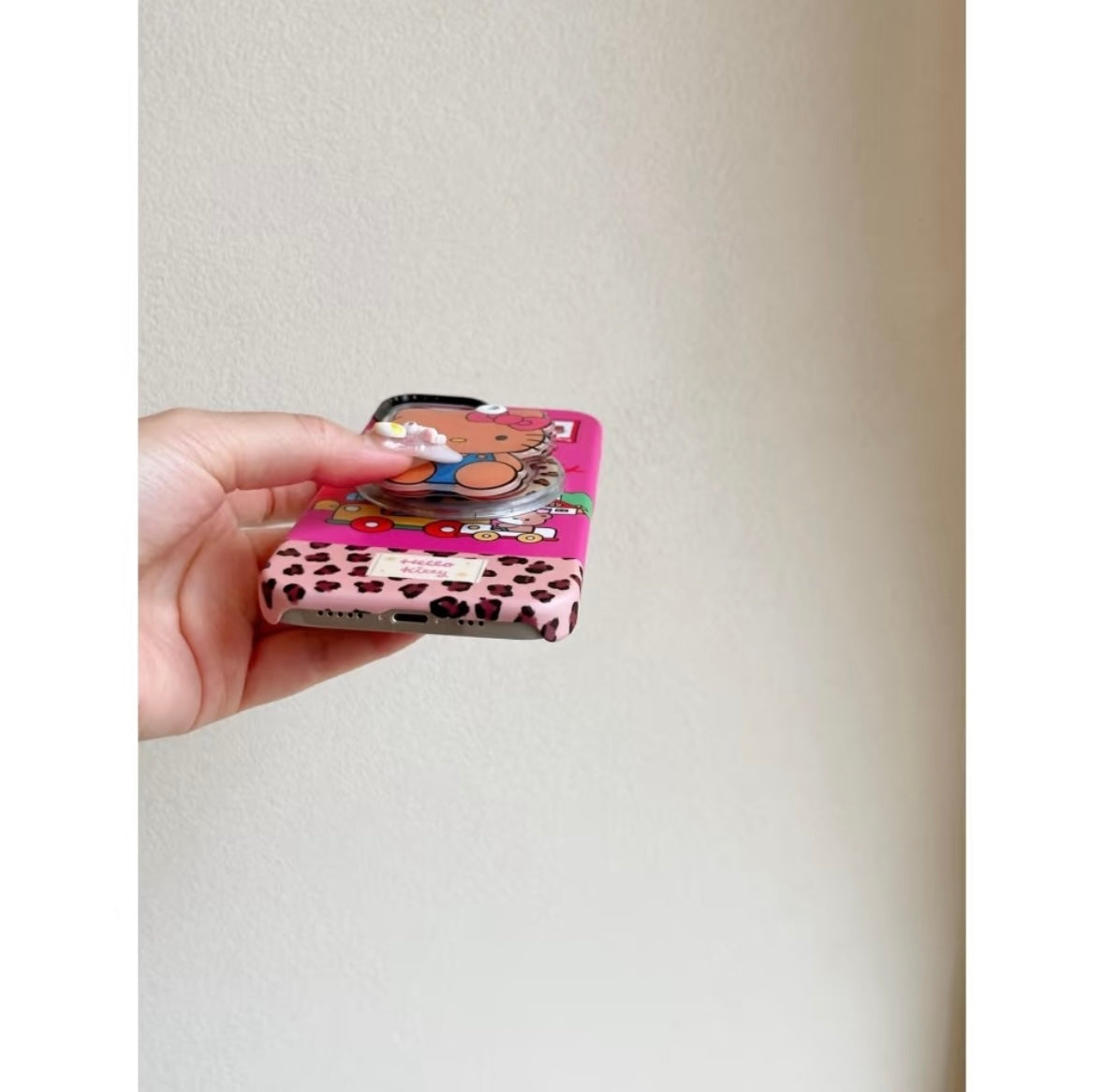 Pink patchwork leopard print black leather HT cat stand phone case