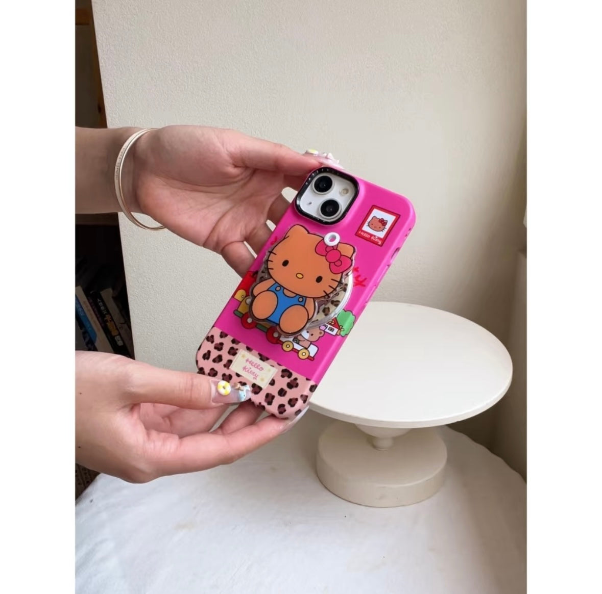 Pink patchwork leopard print black leather HT cat stand phone case