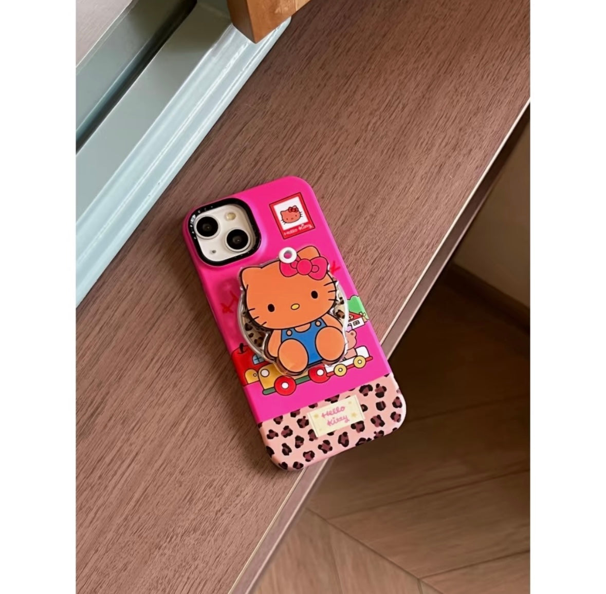Pink patchwork leopard print black leather HT cat stand phone case