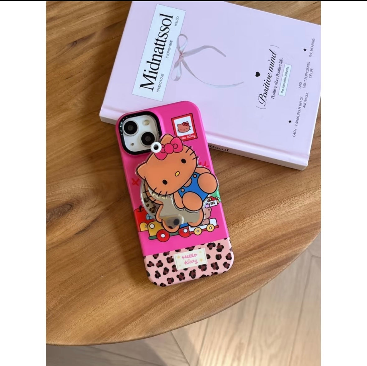Pink patchwork leopard print black leather HT cat stand phone case