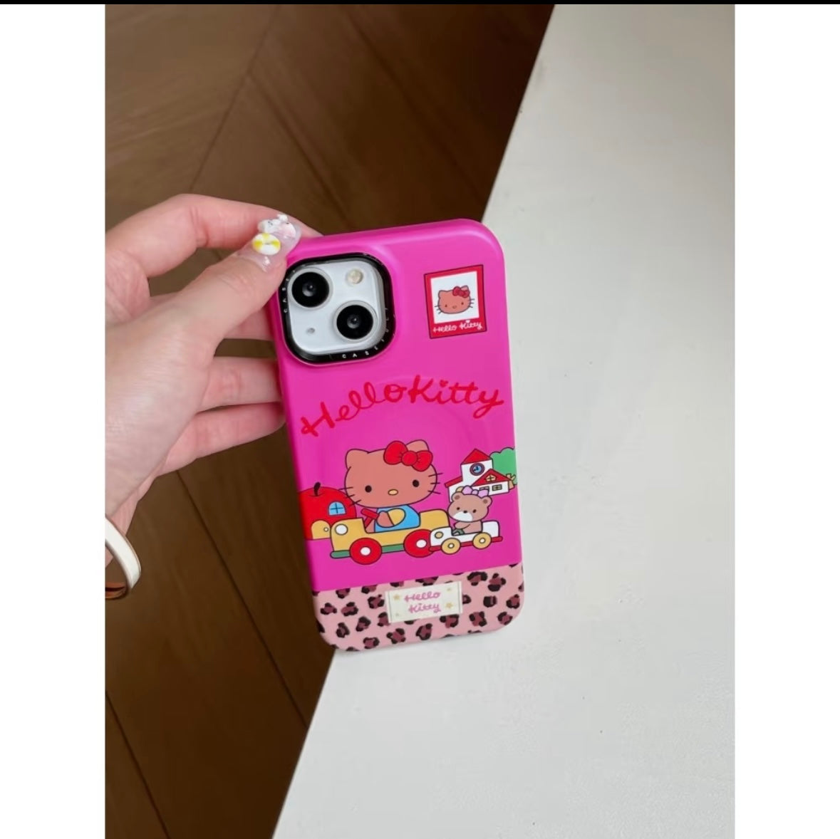 Pink patchwork leopard print black leather HT cat stand phone case