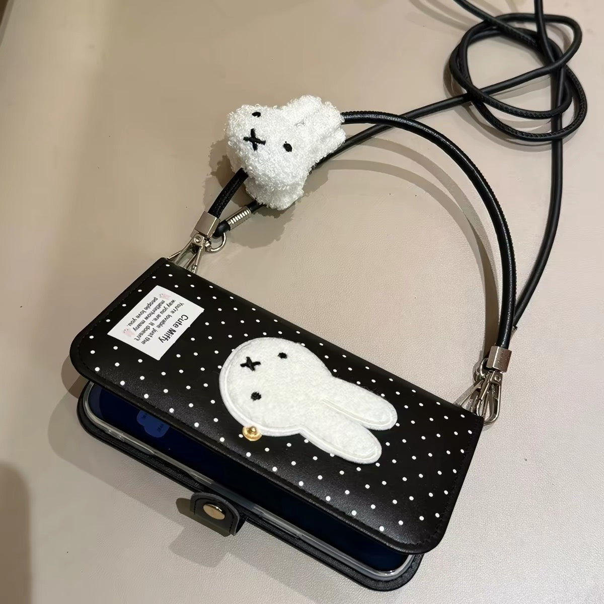 Japanese and Korean style cartoon black polka dot Miffy rabbit leather flip case