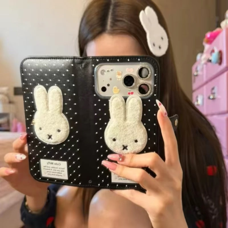 Japanese and Korean style cartoon black polka dot Miffy rabbit leather flip case