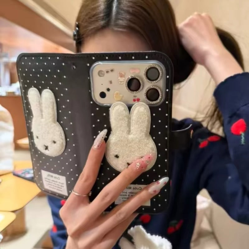 Japanese and Korean style cartoon black polka dot Miffy rabbit leather flip case