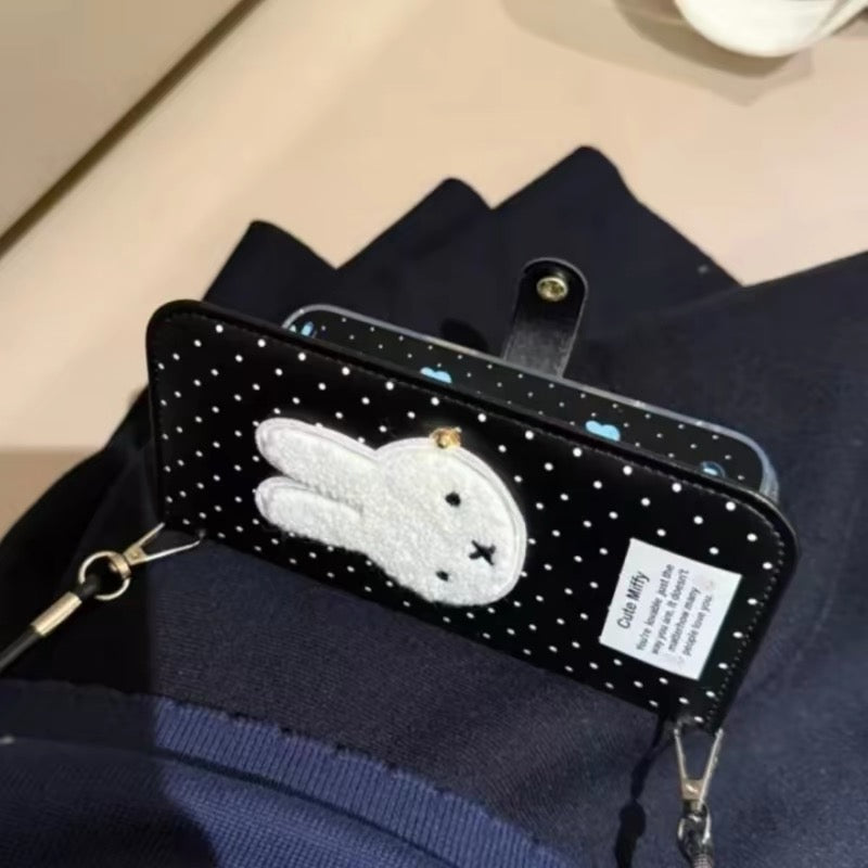 Japanese and Korean style cartoon black polka dot Miffy rabbit leather flip case