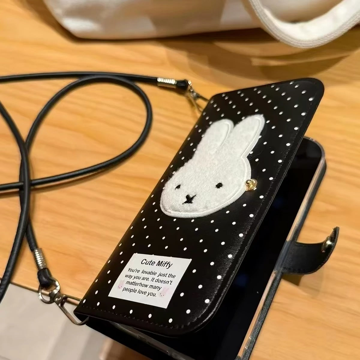 Japanese and Korean style cartoon black polka dot Miffy rabbit leather flip case