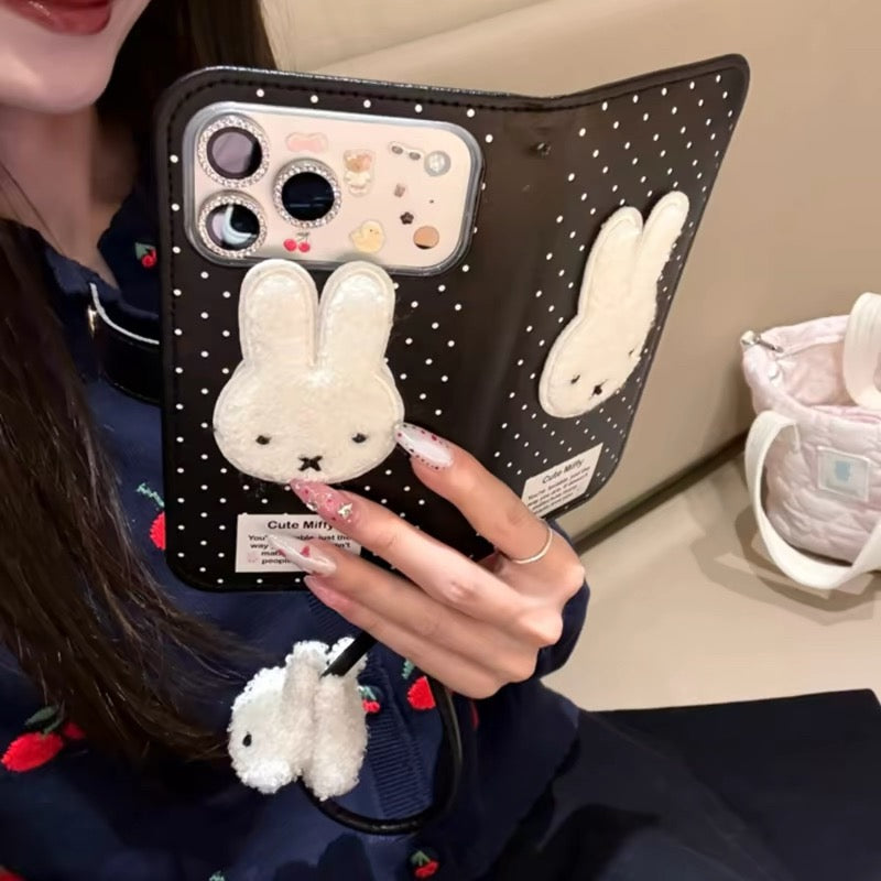 Japanese and Korean style cartoon black polka dot Miffy rabbit leather flip case