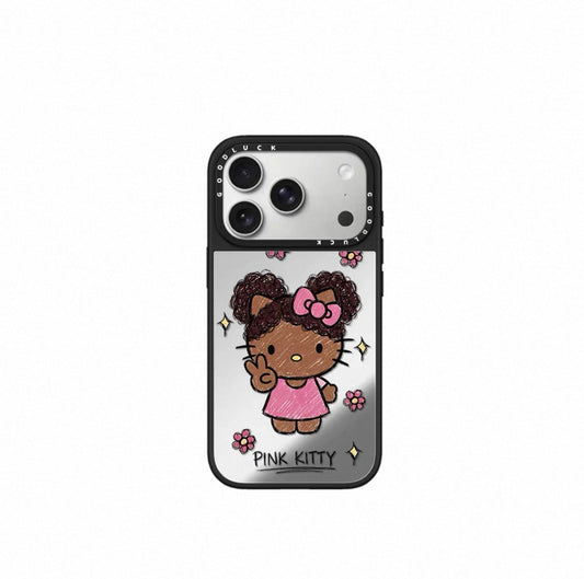 Graffiti bun hairstyle with curly hair, black leather Kitty flower magnetic phone case