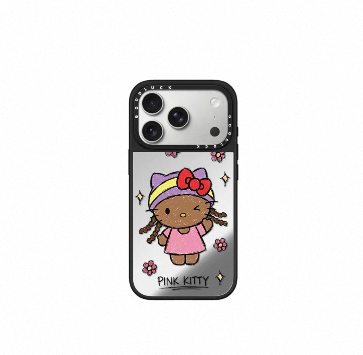 Graffiti bun hairstyle with curly hair, black leather Kitty flower magnetic phone case