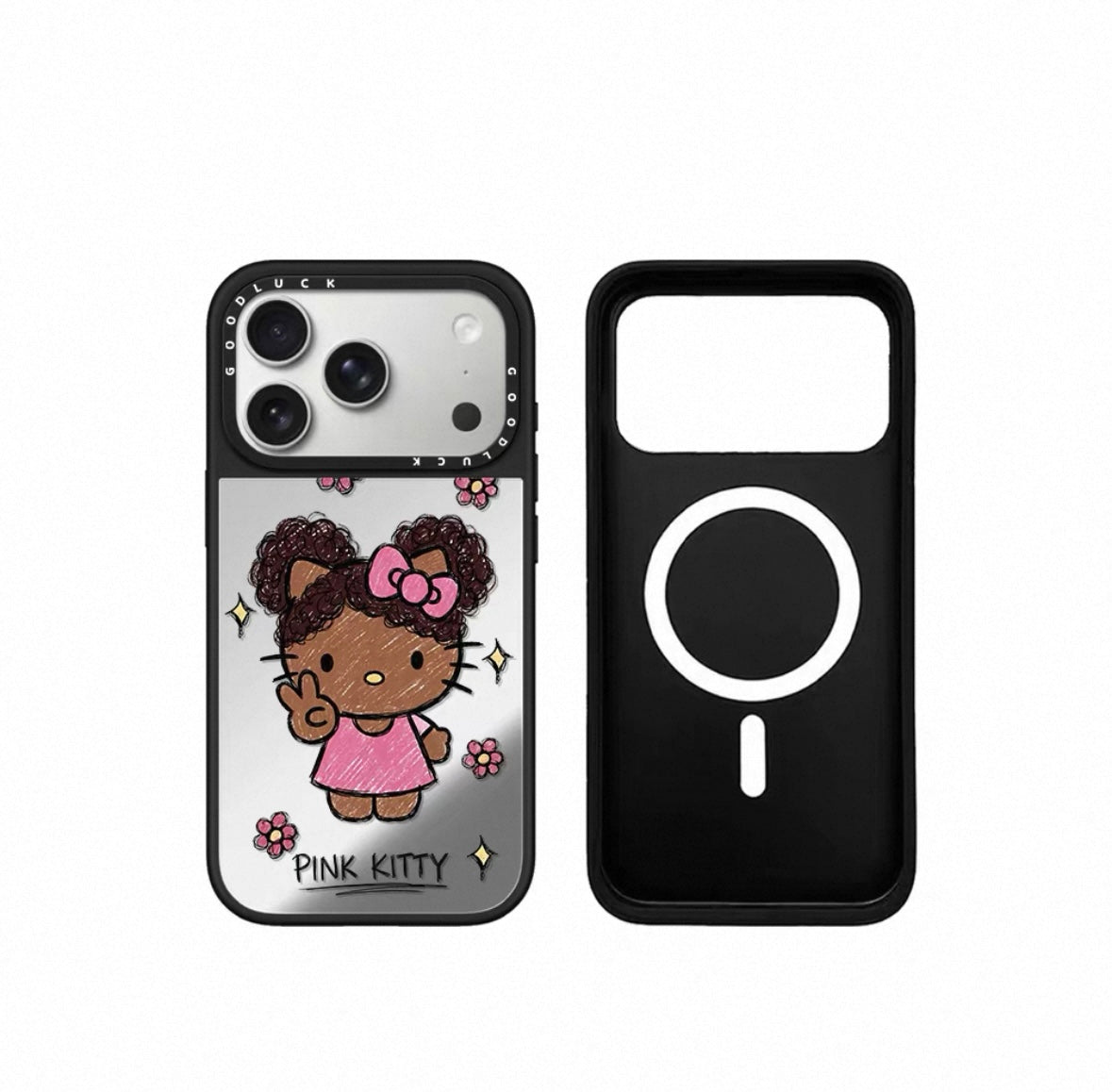 Graffiti bun hairstyle with curly hair, black leather Kitty flower magnetic phone case