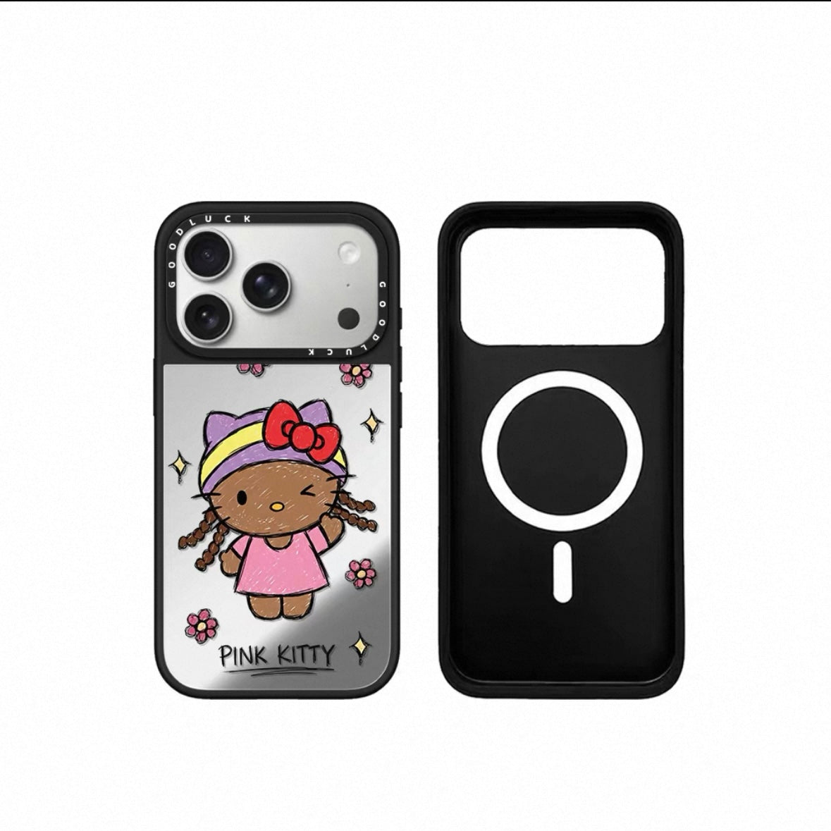 Graffiti bun hairstyle with curly hair, black leather Kitty flower magnetic phone case