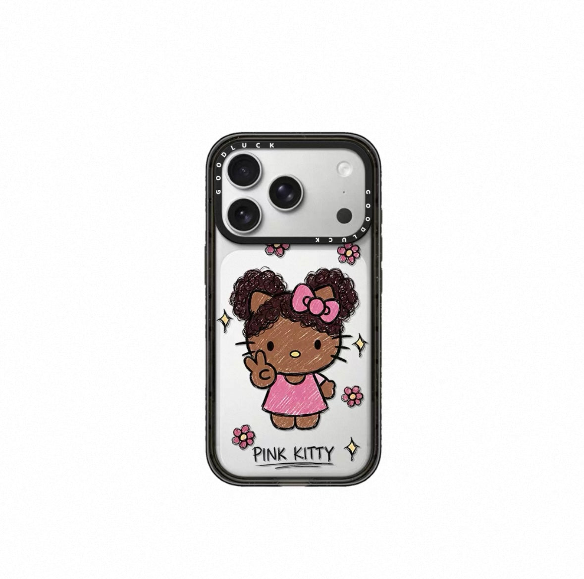 Graffiti bun hairstyle with curly hair, black leather Kitty flower magnetic phone case
