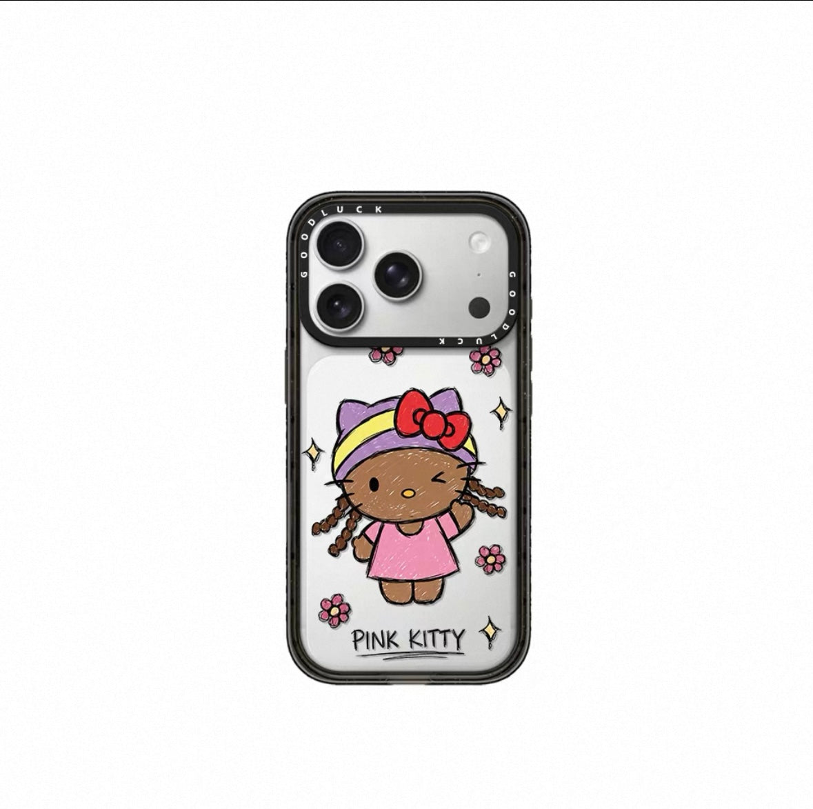Graffiti bun hairstyle with curly hair, black leather Kitty flower magnetic phone case