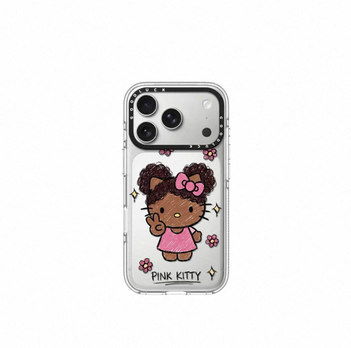 Graffiti bun hairstyle with curly hair, black leather Kitty flower magnetic phone case