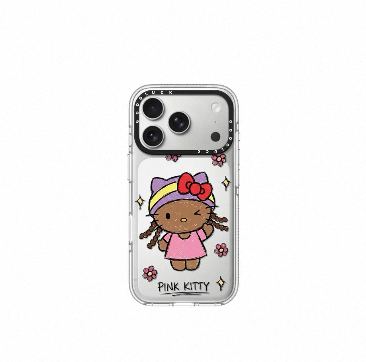 Graffiti bun hairstyle with curly hair, black leather Kitty flower magnetic phone case