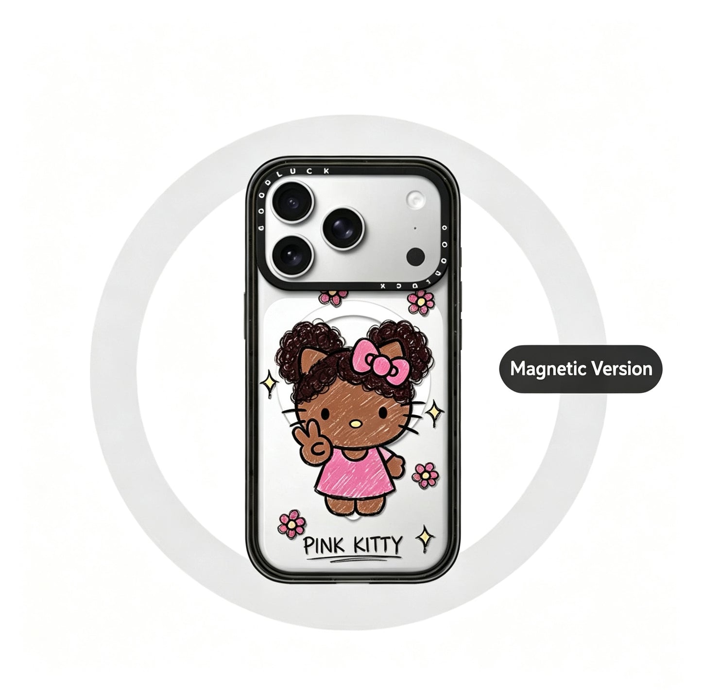 Graffiti bun hairstyle with curly hair, black leather Kitty flower magnetic phone case
