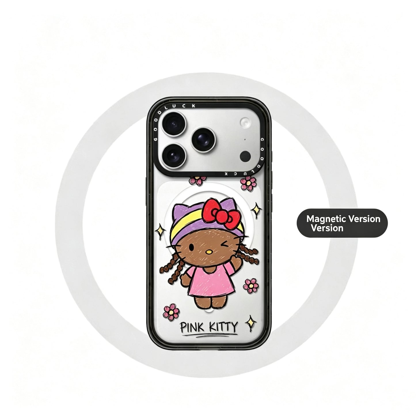 Graffiti bun hairstyle with curly hair, black leather Kitty flower magnetic phone case