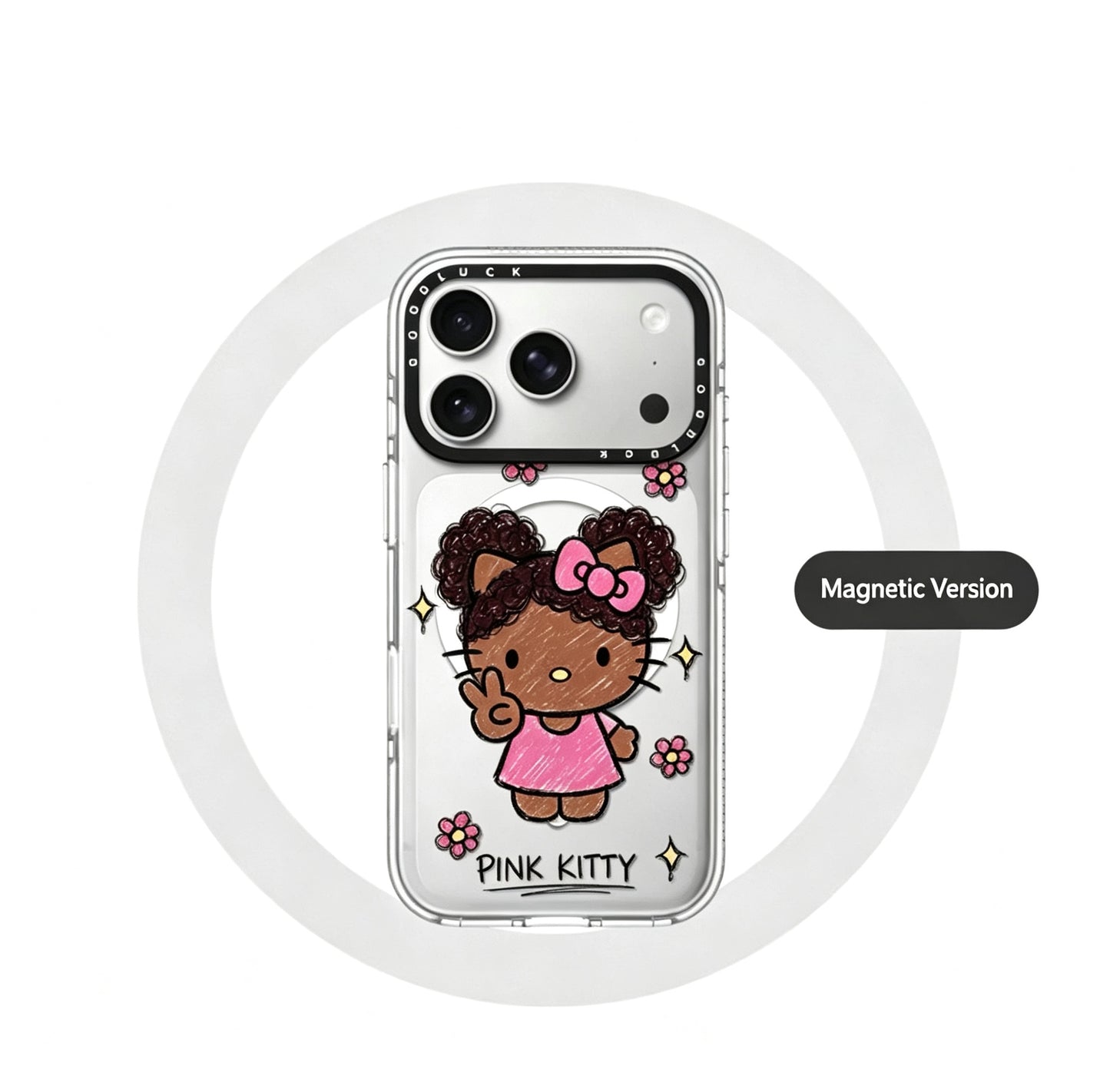 Graffiti bun hairstyle with curly hair, black leather Kitty flower magnetic phone case