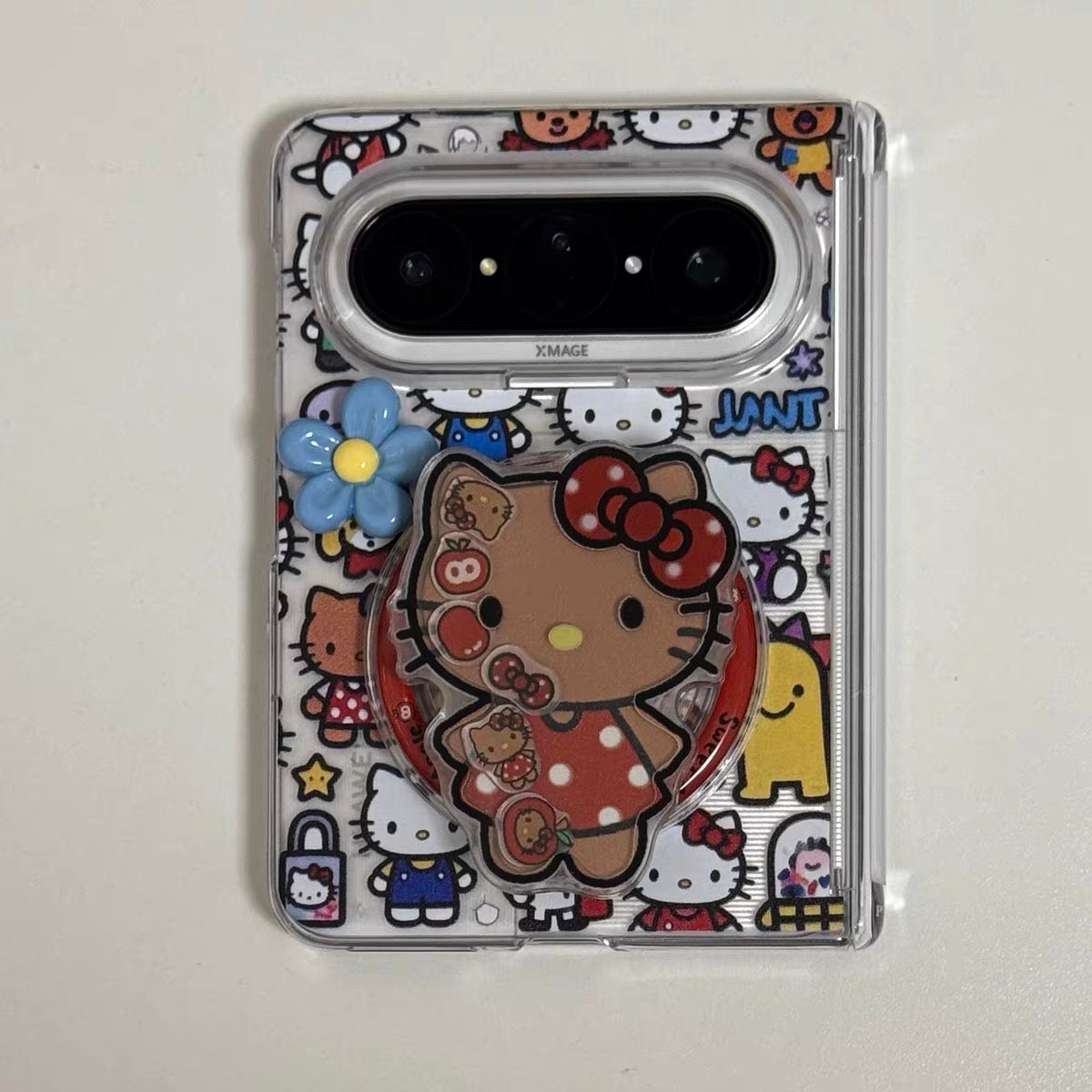 Full-screen Hello Kitty magnetic foldable phone case with a shaker element.
