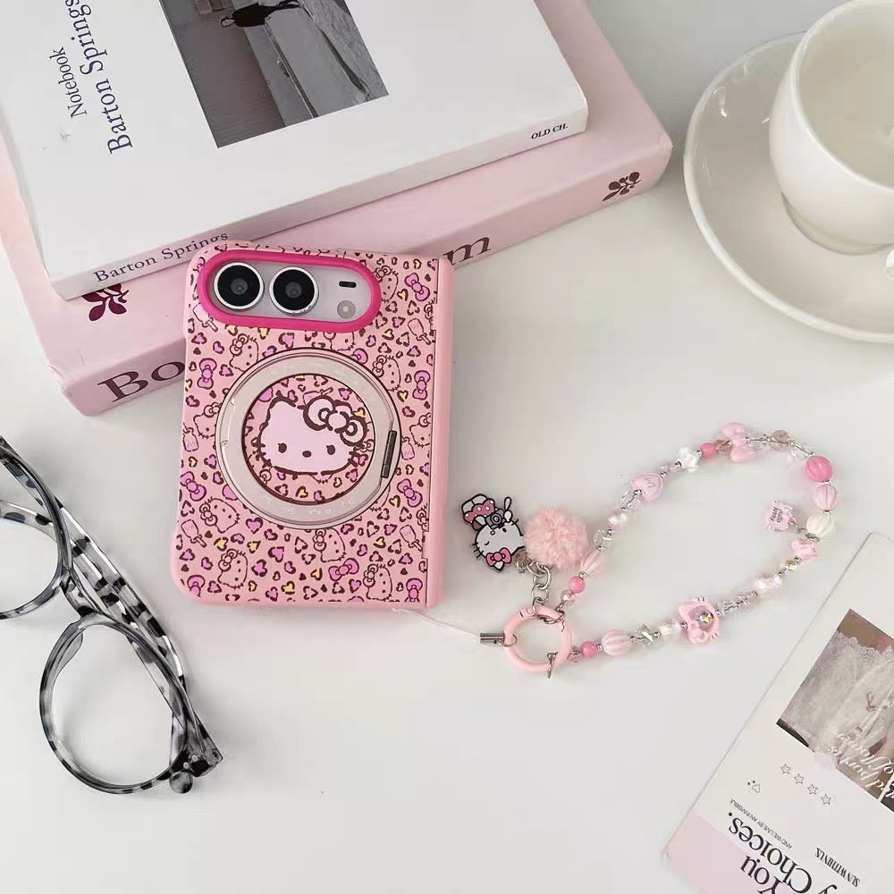 Pink Leopard Print Hello Kitty Rotating Stand Case for iPhone Duo Foldable Phone