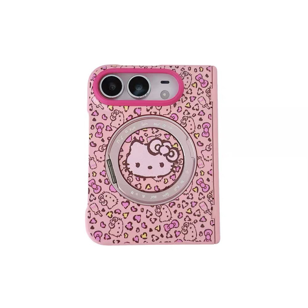 Pink Leopard Print Hello Kitty Rotating Stand Case for iPhone Duo Foldable Phone