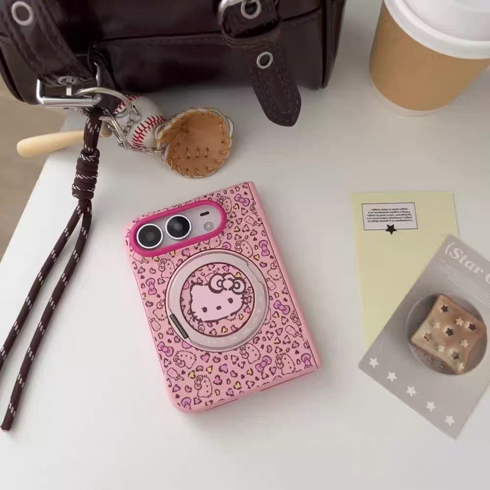Pink Leopard Print Hello Kitty Rotating Stand Case for iPhone Duo Foldable Phone