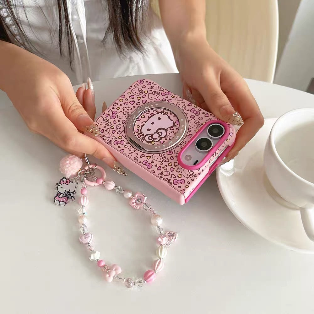 Pink Leopard Print Hello Kitty Rotating Stand Case for iPhone Duo Foldable Phone