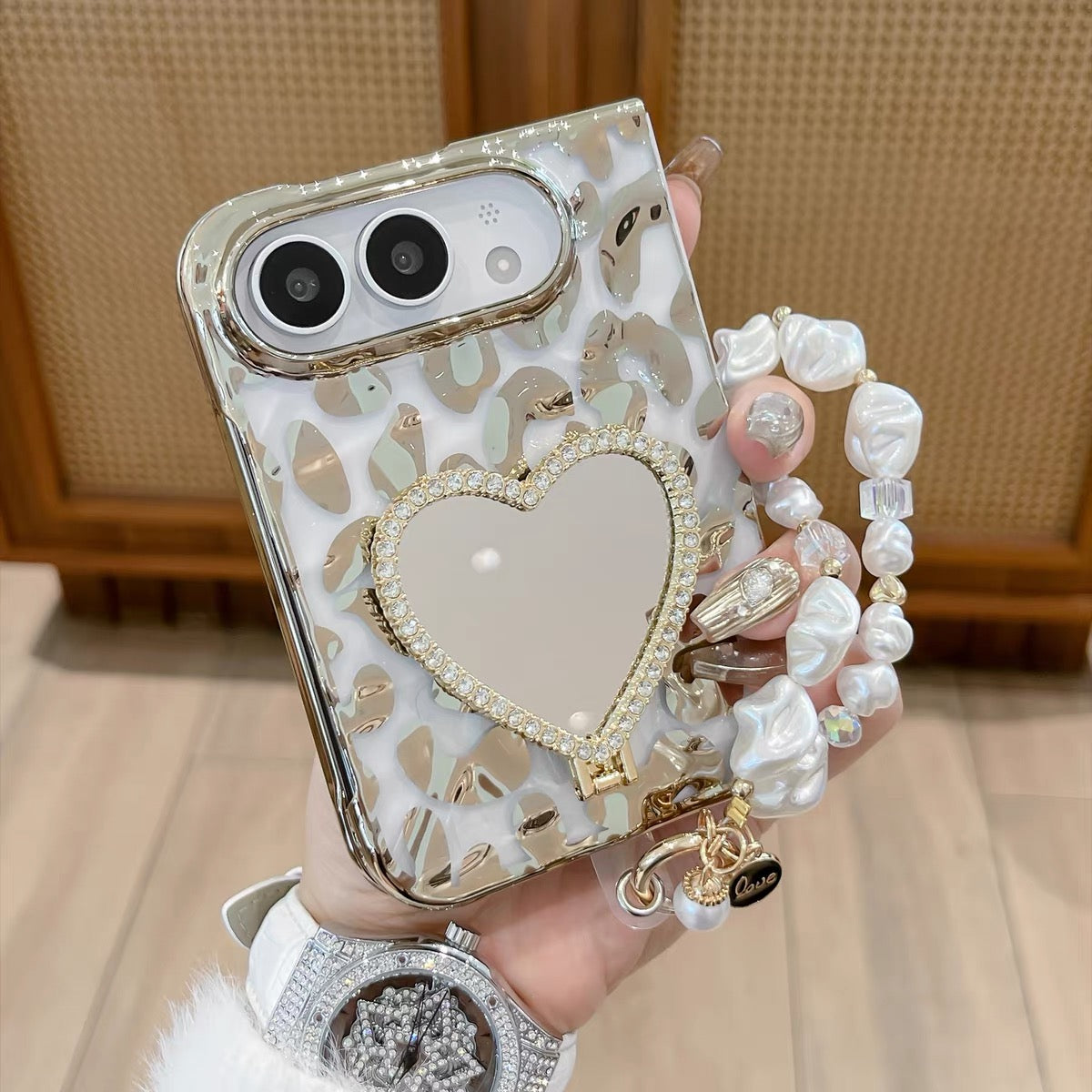 Drop-resistant gold leopard-print case for iPhone Duo foldable phone