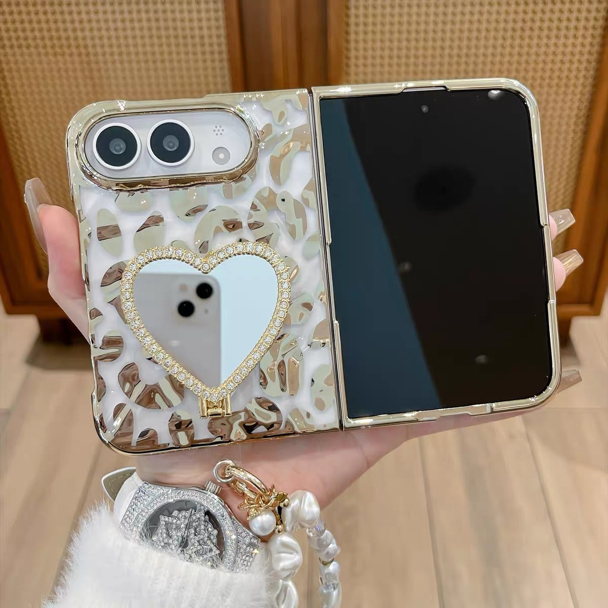 Drop-resistant gold leopard-print case for iPhone Duo foldable phone