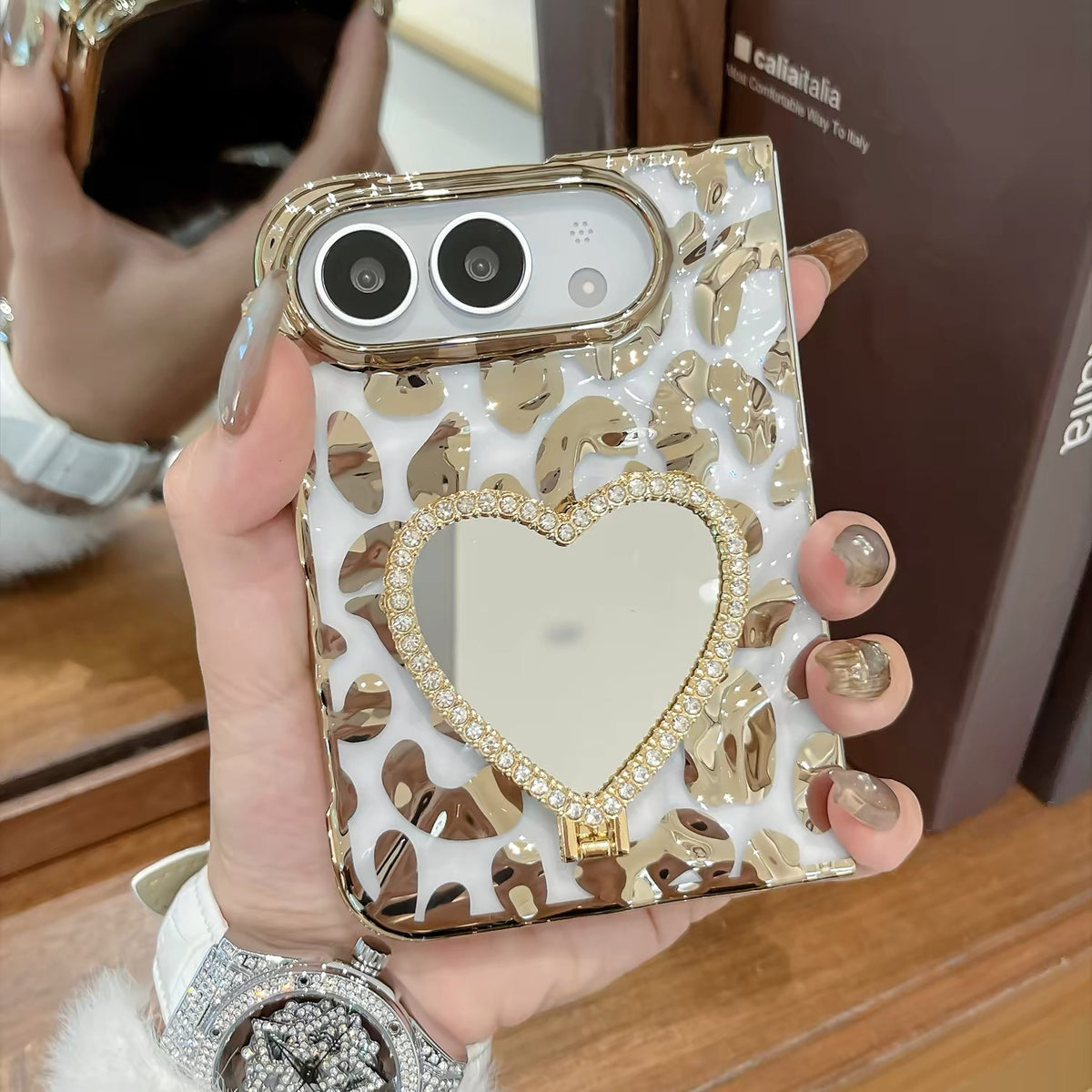 Drop-resistant gold leopard-print case for iPhone Duo foldable phone