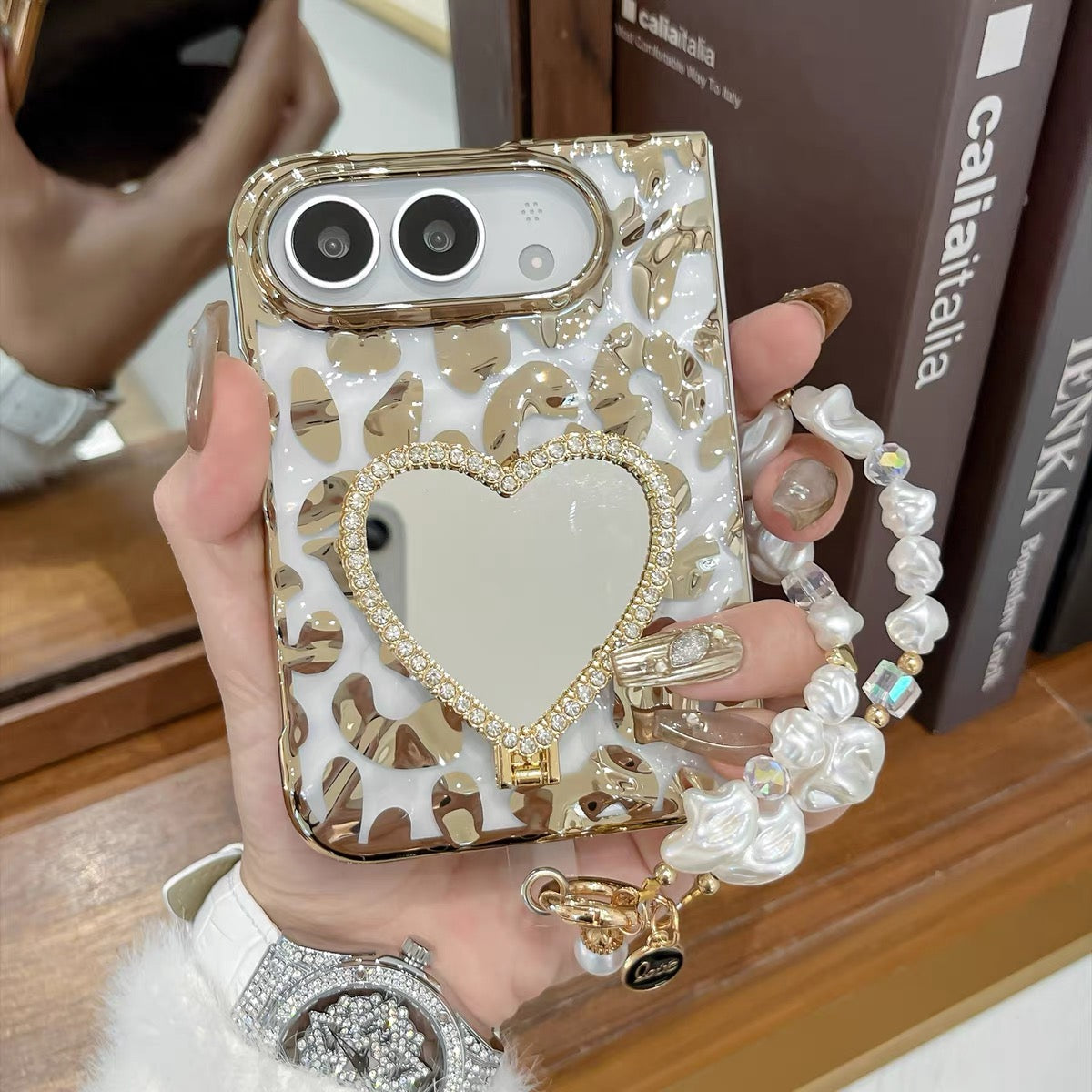 Drop-resistant gold leopard-print case for iPhone Duo foldable phone