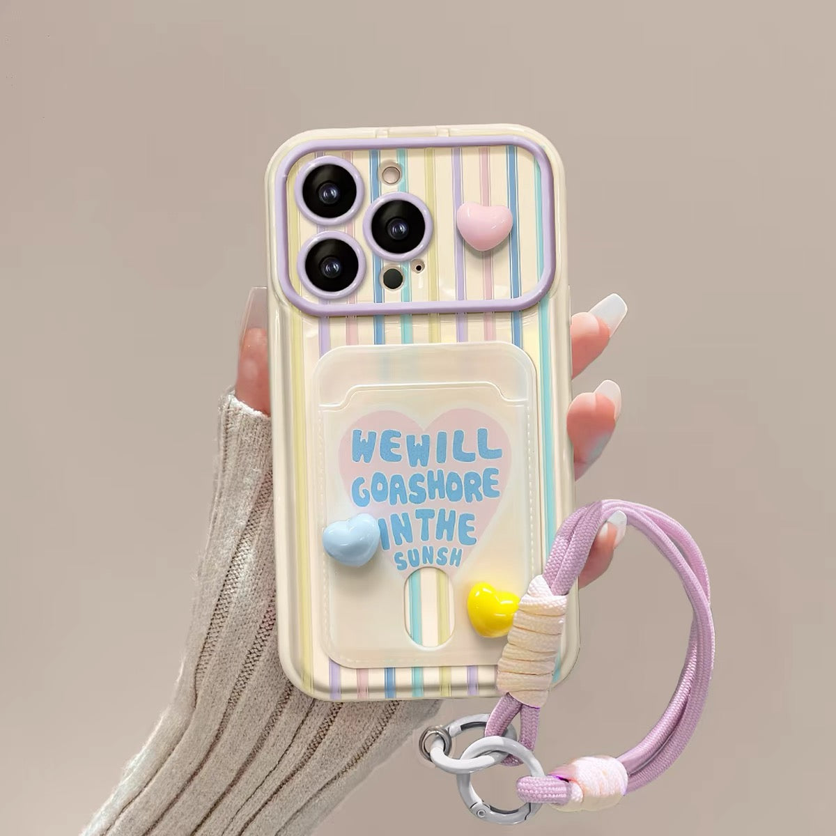 Flip-mirror phone case with vertical-stripe heart charm and lanyard card holder