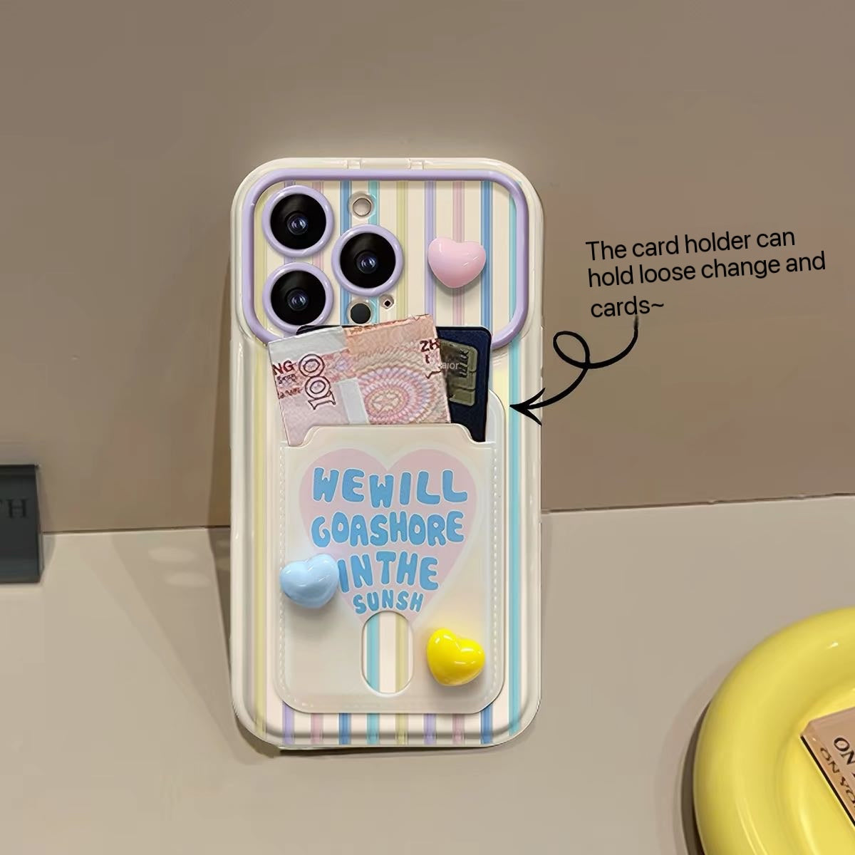 Flip-mirror phone case with vertical-stripe heart charm and lanyard card holder